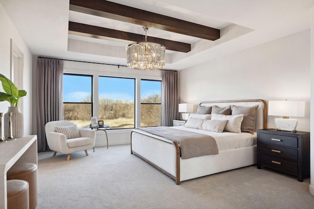 bedroom featuring a chandelier, beamed ceiling, and light colored carpet