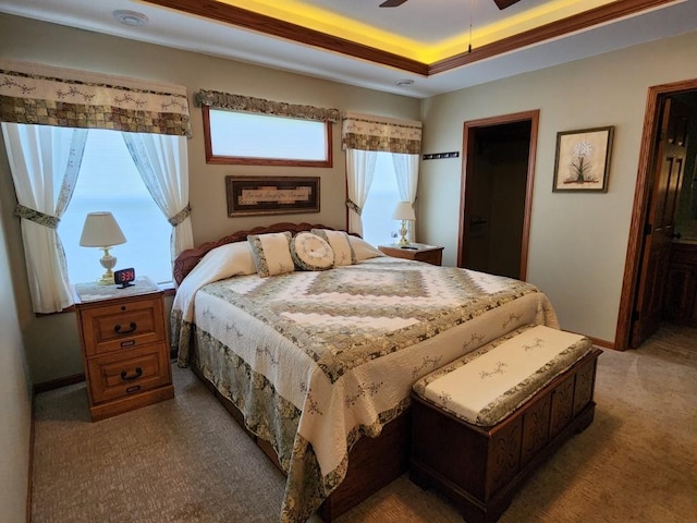 bedroom with a raised ceiling and carpet floors