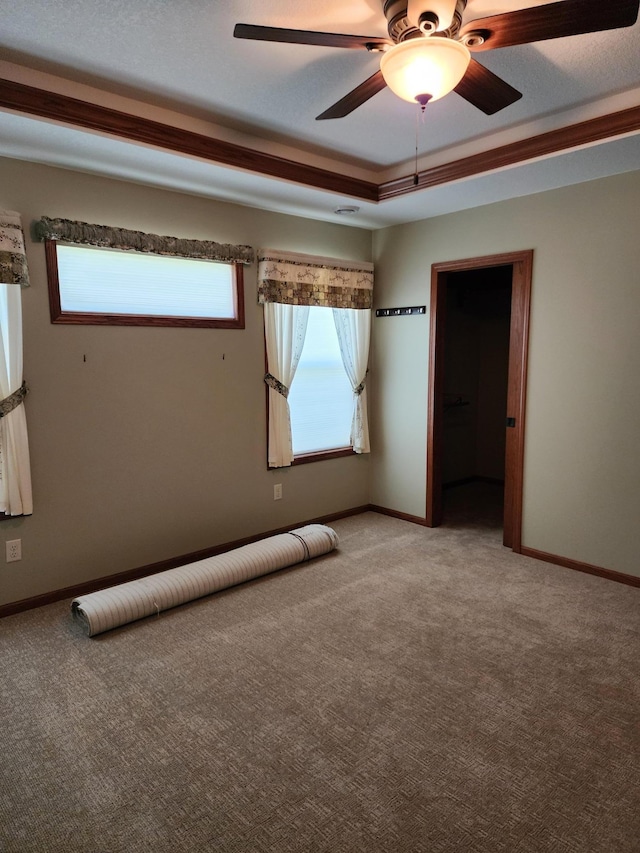 carpeted spare room featuring a raised ceiling and ceiling fan