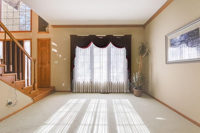 interior space with ornamental molding and carpet flooring