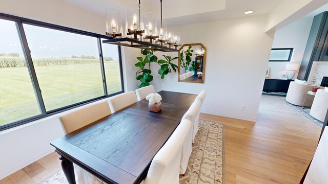 dining space featuring an inviting chandelier, light wood-type flooring, and a healthy amount of sunlight