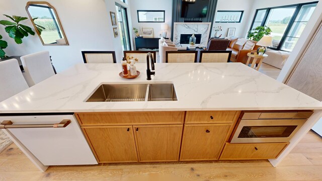 kitchen featuring light hardwood / wood-style floors, light stone countertops, a premium fireplace, and sink