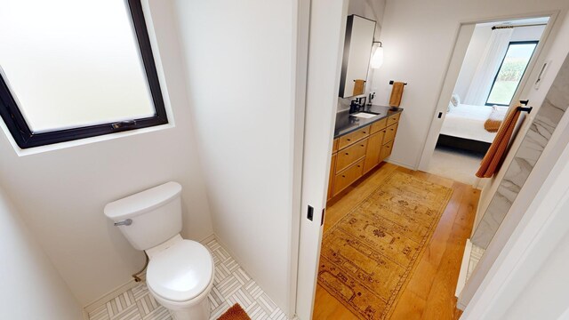 bathroom featuring hardwood / wood-style flooring, vanity, and toilet