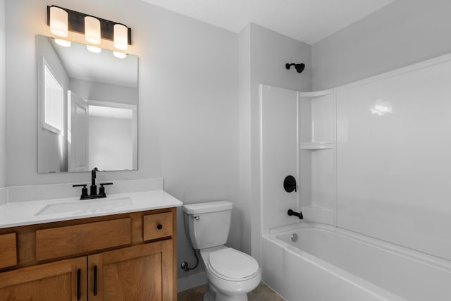 full bath with toilet, bathtub / shower combination, and vanity