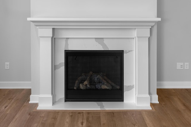 details with a fireplace, baseboards, and wood finished floors