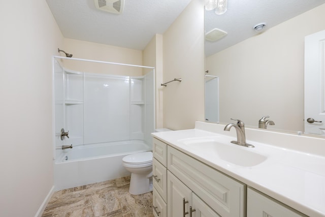 full bathroom with toilet, a textured ceiling, vanity, and  shower combination