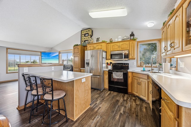 kitchen with a kitchen island, vaulted ceiling, dark hardwood / wood-style flooring, black appliances, and a healthy amount of sunlight