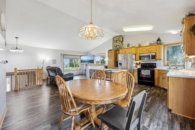 dining room featuring vaulted ceiling, dark hardwood / wood-style floors, sink, and a notable chandelier