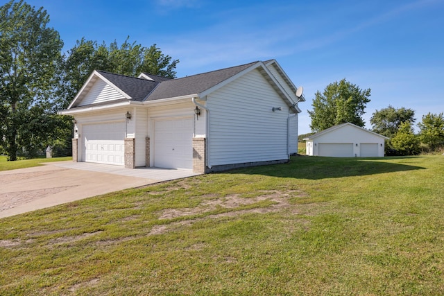 view of property exterior with a yard and a garage