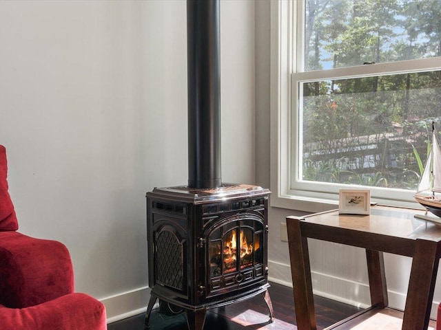 interior details with baseboards and a wood stove