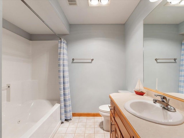 full bath featuring vanity, baseboards, tile patterned floors, toilet, and shower / tub combo with curtain