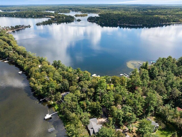 birds eye view of property featuring a water view and a wooded view