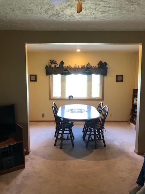 carpeted dining room with a textured ceiling