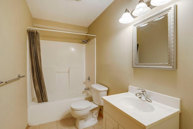 full bathroom featuring vanity, a textured ceiling, shower / bathtub combination with curtain, tile patterned floors, and toilet