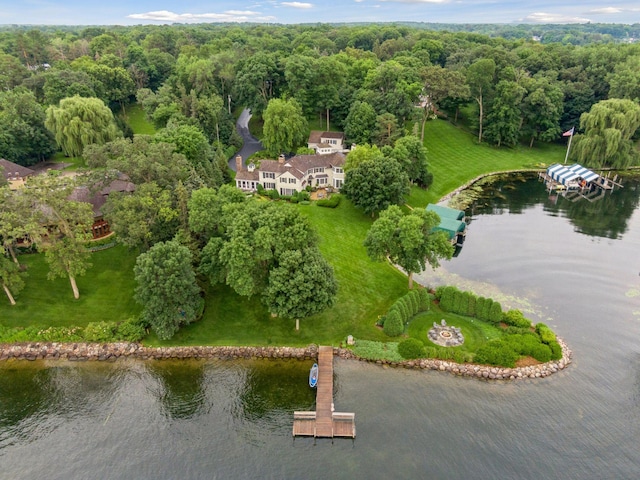 birds eye view of property featuring a view of trees and a water view