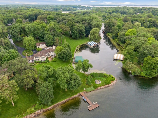 drone / aerial view featuring a view of trees and a water view