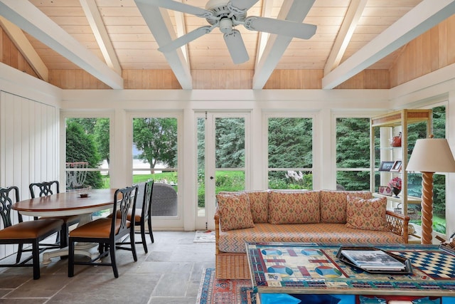 sunroom / solarium with wooden ceiling, vaulted ceiling with beams, and ceiling fan