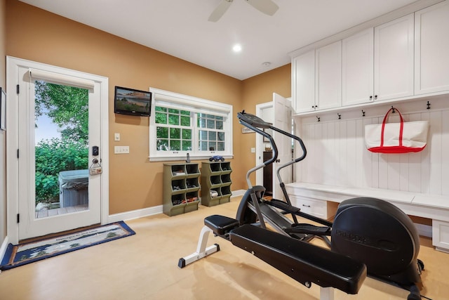 exercise room featuring recessed lighting, a ceiling fan, carpet, and baseboards