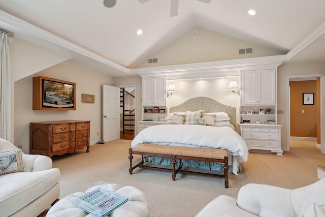 bedroom with high vaulted ceiling, recessed lighting, visible vents, and light carpet