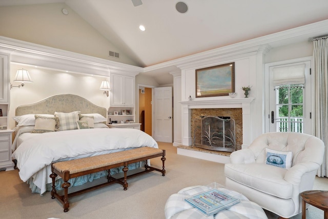 bedroom featuring visible vents, high vaulted ceiling, a premium fireplace, access to outside, and light colored carpet