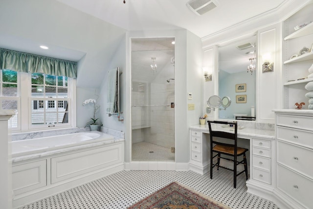 full bath with visible vents, a stall shower, and a bath