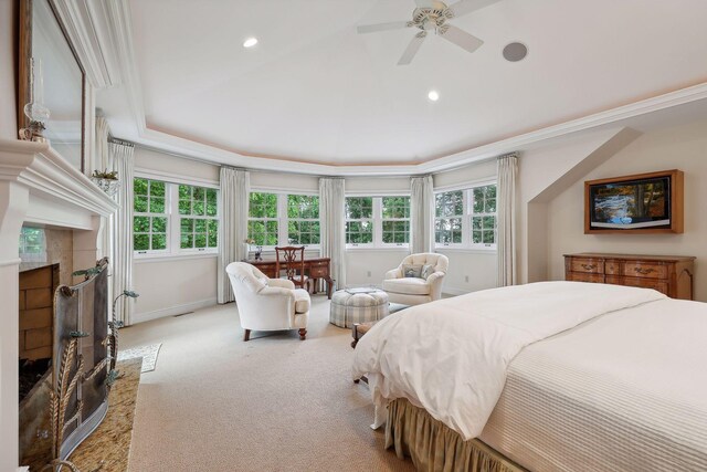 2670 Woolsey Ln, Woodland, MN 55391 - bedroom with light colored carpet, a fireplace, recessed lighting, and crown molding