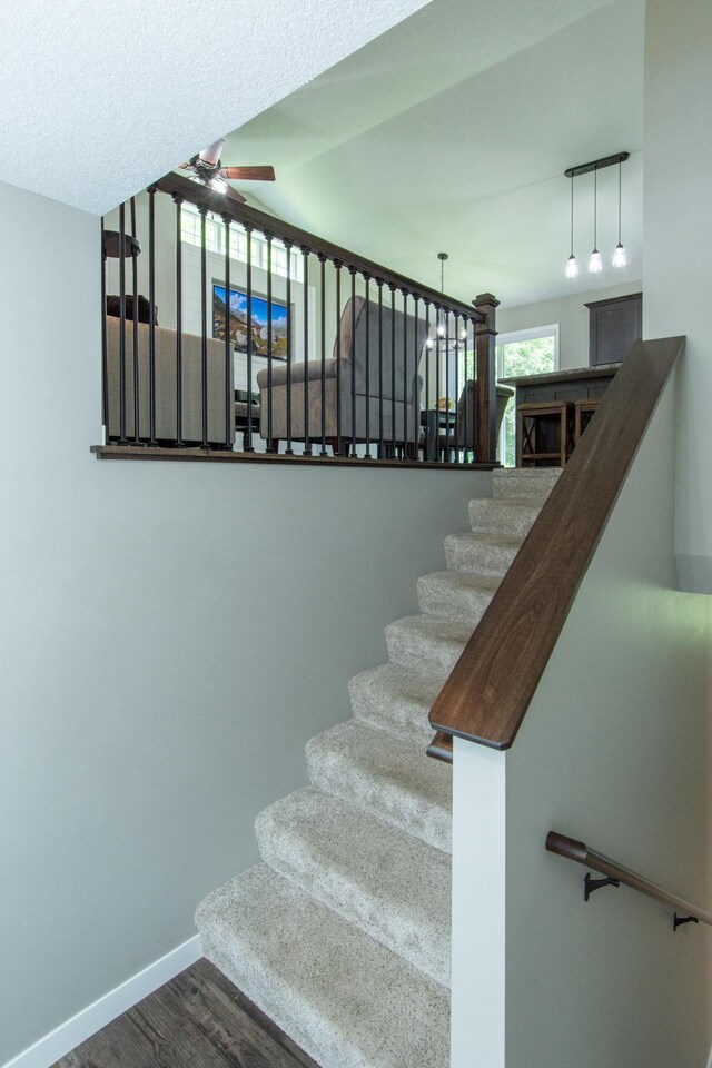 staircase featuring wood-type flooring and ceiling fan