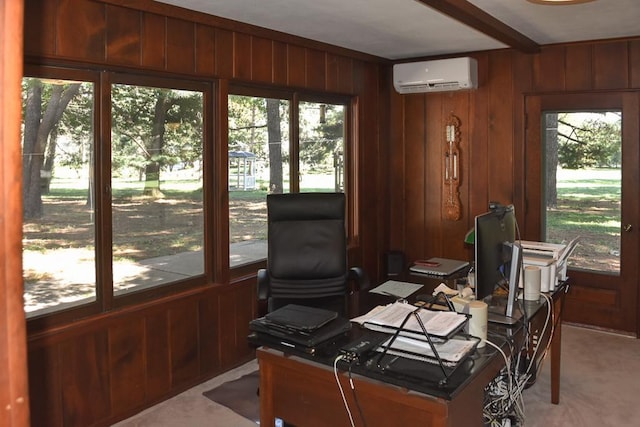 carpeted office space with an AC wall unit and wooden walls