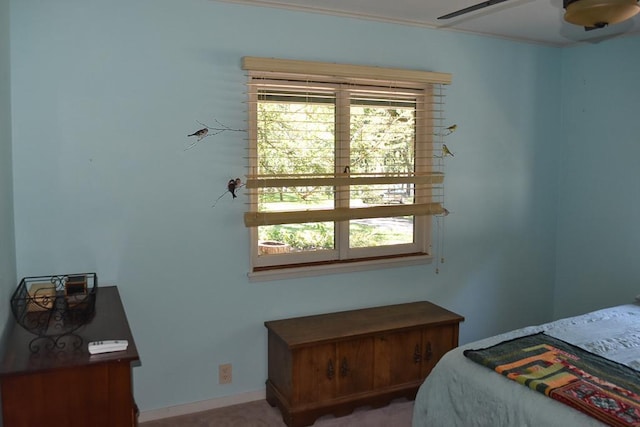 carpeted bedroom featuring ceiling fan and multiple windows