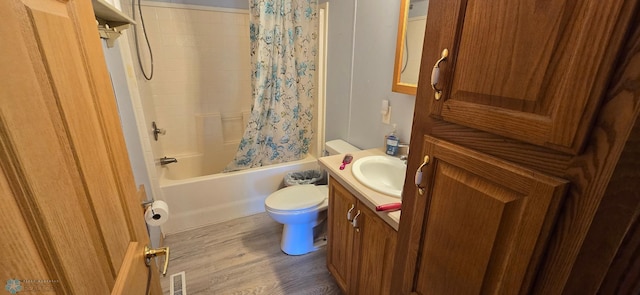 full bathroom with vanity, shower / bathtub combination with curtain, toilet, and wood-type flooring