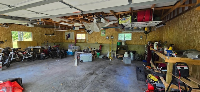 garage with a workshop area