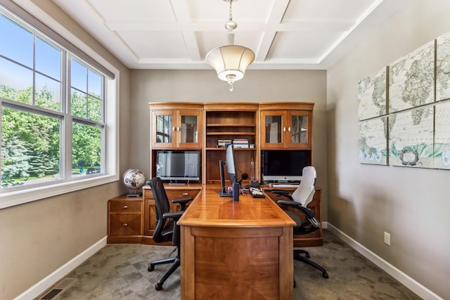 carpeted office featuring coffered ceiling, beamed ceiling, visible vents, and baseboards