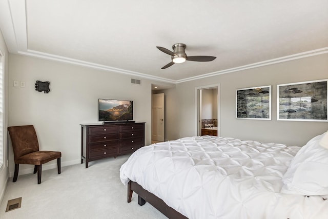 carpeted bedroom with crown molding and ceiling fan