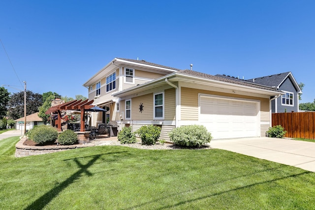 view of front of home with a garage, a pergola, and a front lawn