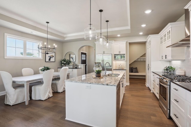 kitchen with a raised ceiling, backsplash, dark hardwood / wood-style flooring, sink, and appliances with stainless steel finishes