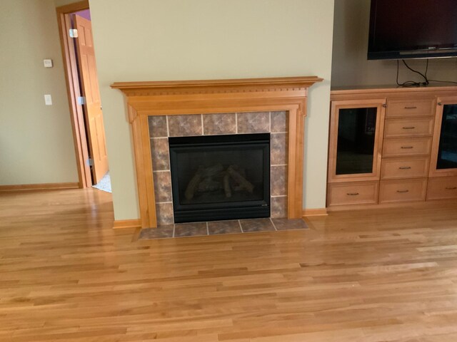 details featuring a fireplace and hardwood / wood-style flooring