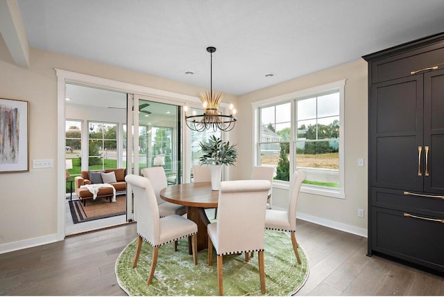 dining area with a notable chandelier and dark hardwood / wood-style flooring