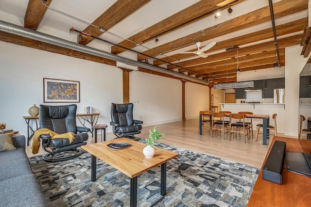 living room with ceiling fan and wood-type flooring