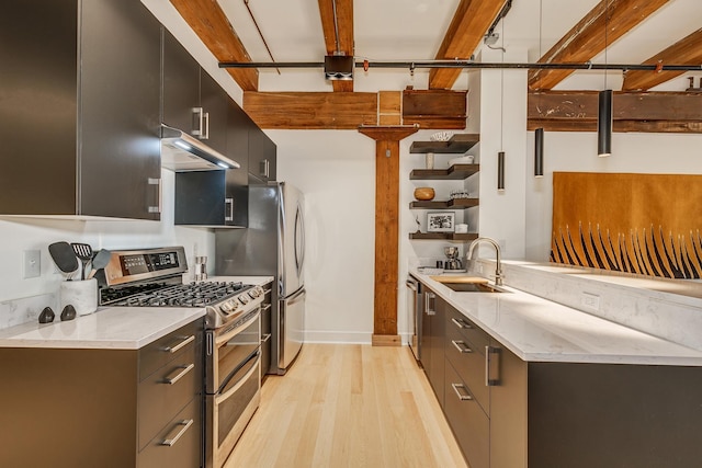 kitchen with light wood-type flooring, stainless steel range with gas cooktop, and sink