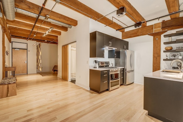 kitchen with appliances with stainless steel finishes, light hardwood / wood-style flooring, and sink