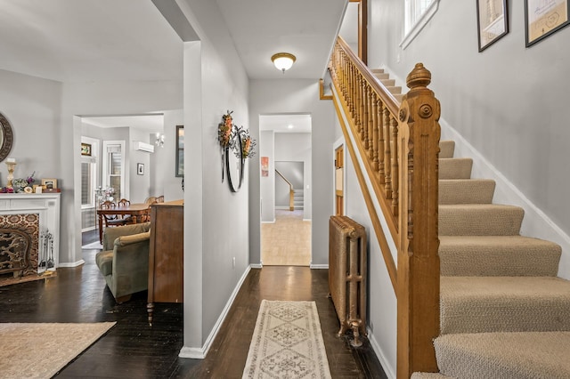 entryway with dark hardwood / wood-style flooring and radiator heating unit