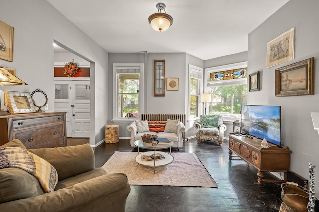 living room featuring dark wood-type flooring