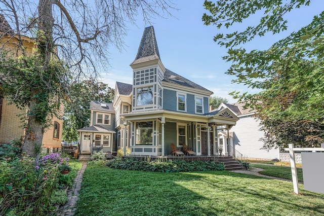 victorian house with a front lawn and covered porch