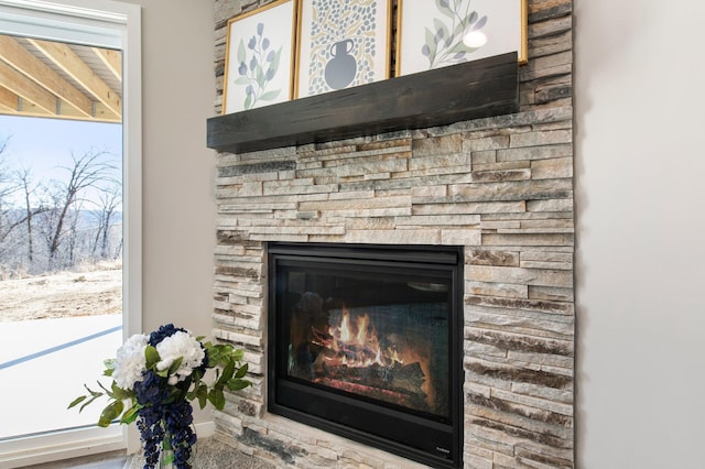 details featuring a stone fireplace