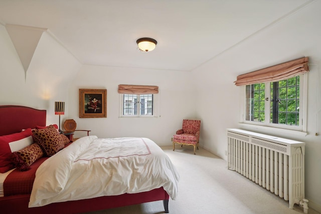 carpeted bedroom featuring radiator heating unit and multiple windows