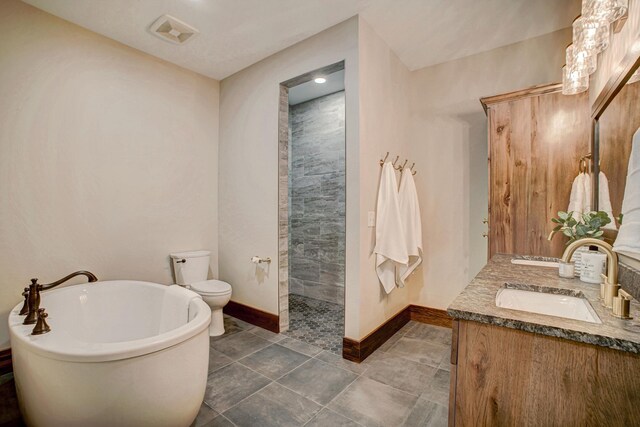 full bathroom with tile patterned floors, toilet, vanity, and shower with separate bathtub