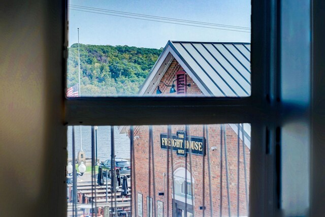 interior details with a water view