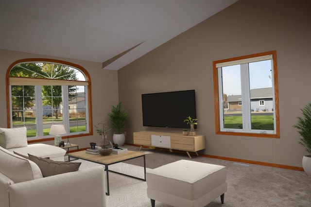 carpeted living room featuring high vaulted ceiling