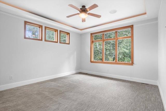 carpeted spare room featuring ceiling fan, plenty of natural light, and a tray ceiling