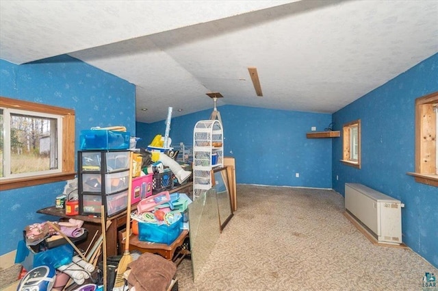 playroom featuring carpet floors and vaulted ceiling